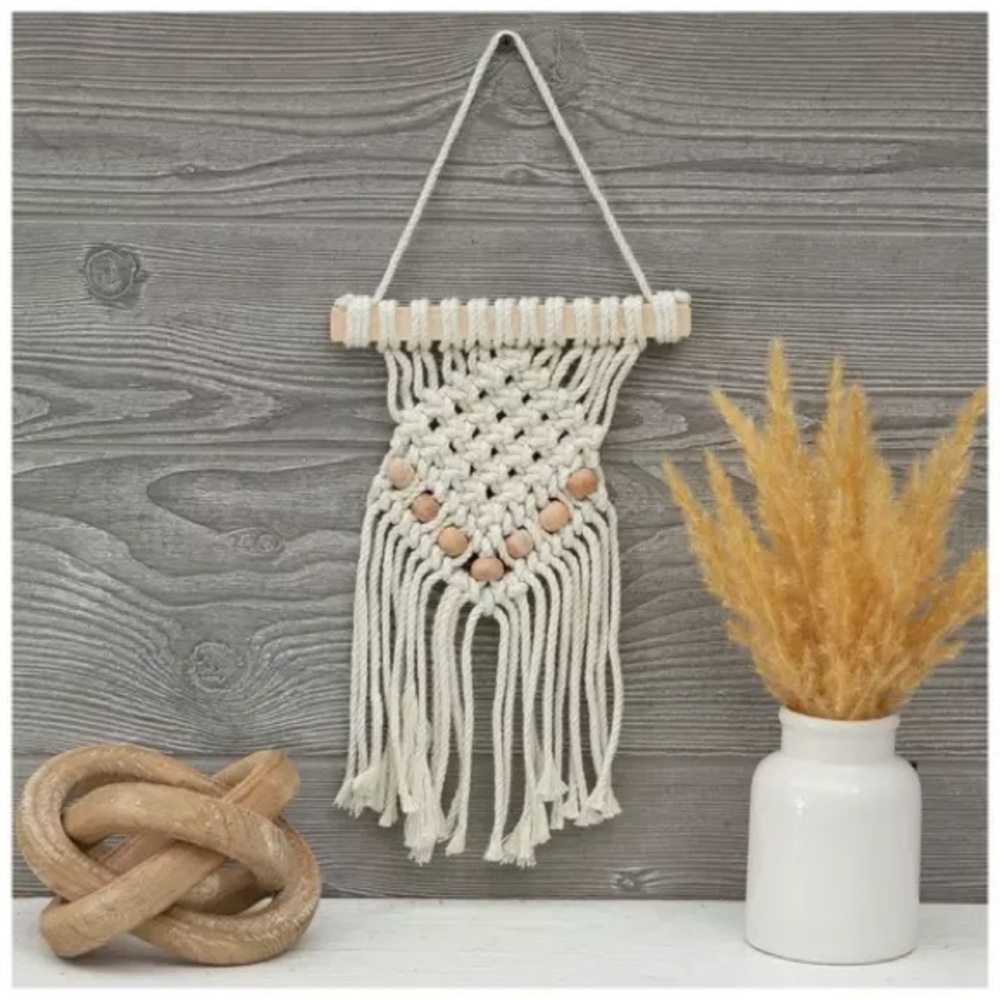 Cream Macramé Wall Hanging with Wooden Beads